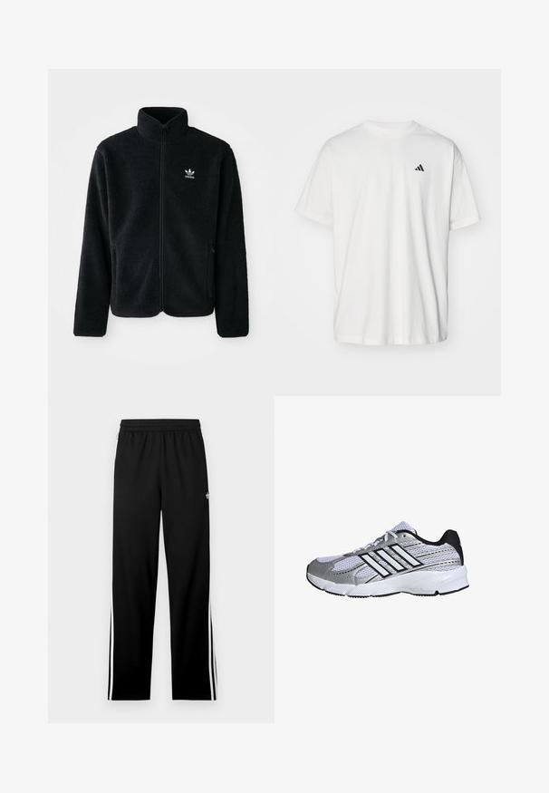 Black fleece jacket with high collar, zip front, and front pockets. Features textured fabric and small white logo on left chest.; White cotton t-shirt with short sleeves, crew neck, and a small black Adidas logo on the left chest. Soft texture, casual fit.; Black athletic pants made of mesh fabric, featuring a straight-cut design, elastic waistband, and white side stripes. Sports logo displayed.; Mesh athletic shoe in white and silver, featuring black accents, three white stripe logo, padded collar, and textured rubber sole.