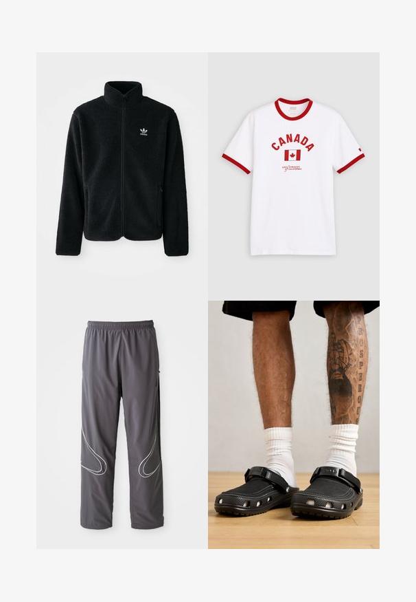 Schwarze Fleecejacke mit hohem Kragen, durchgehendem Reißverschluss und Fronttaschen. Verfügt über strukturiertes Material und ein kleines weißes Logo auf der linken Brust.; Weißes T-Shirt mit kurzen Ärmeln, rotem Kragen und Ärmelsäumen, mit dem Schriftzug „CANADA“, einer roten Ahornblattflagge und Levi's-Logo darunter.; Herren graue Sporthose mit elastischem Bund, Reißverschlusstaschen und reflektierenden weißen Akzenten an den Seiten. Leicht, glatte Textur.; Schwarze Holzschuhe mit einem strukturierten Obermaterial, verstellbarem Riemen und Belüftungslöchern, kombiniert mit weißen Socken und Shorts bis über die Knie.