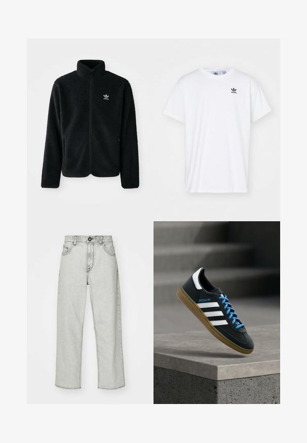 Chupa de forro polar negro con cuello alto, cierre frontal y bolsillos delanteros. Presenta tela texturizada y un pequeño logo blanco en el lado izquierdo del pecho.; Camiseta blanca de algodón con mangas cortas, escote redondo y un logo negro de Adidas con tres franjas en la zona del lado izquierdo del pecho.; Jeans de tiro alto en gris claro con un ajuste relajado, cinco bolsillos, cierre frontal con botón y un sutil patrón texturizado en la tela de mezclilla.; Zapatilla negra Adidas con franjas blancas, cordones azules y suela de goma flotando sobre un escalón de hormigón gris con luz suave.
