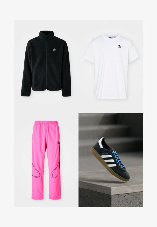 Chupa de forro polar negro con cuello alto, cierre frontal y bolsillos delanteros. Presenta tela texturizada y un pequeño logo blanco en el lado izquierdo del pecho.; Camiseta blanca de algodón con mangas cortas, escote redondo y un logo negro de Adidas con tres franjas en la zona del lado izquierdo del pecho.; Pantalones deportivos rosas con cinturilla elástica, bolsillos laterales y patrones curvados en negro en contraste con el logotipo de Adidas.; Zapatilla negra Adidas con franjas blancas, cordones azules y suela de goma flotando sobre un escalón de hormigón gris con luz suave.