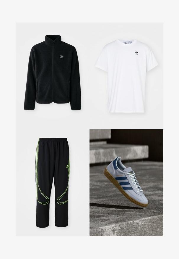 Chupa de forro polar negro con cuello alto, cierre frontal y bolsillos delanteros. Presenta tela texturizada y un pequeño logo blanco en el lado izquierdo del pecho.; Camiseta blanca de algodón con mangas cortas, escote redondo y un logo negro de Adidas con tres franjas en la zona del lado izquierdo del pecho.; Pantalones deportivos Adidas negros con líneas curvas en verde neón y tres franjas en los laterales, cinturilla elástica y logo de Adidas en el muslo delantero.; Zapatilla Adidas Spezial azul claro con rayas azul marino y suela de goma, mostrada en el aire sobre escalones de hormigón en un entorno exterior neutral.