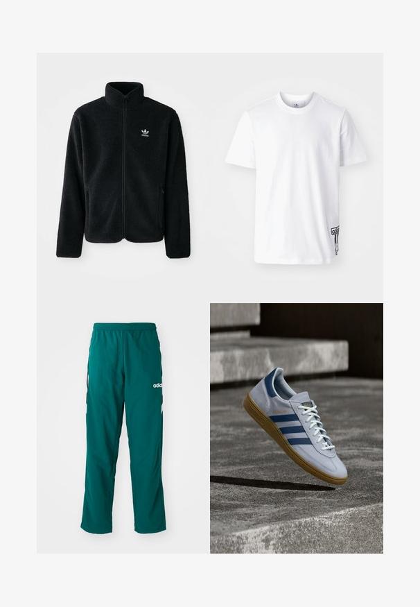 Schwarze Fleecejacke mit hohem Kragen, durchgehendem Reißverschluss und Fronttaschen. Verfügt über strukturiertes Material und ein kleines weißes Logo auf der linken Brust.; Weißes Baumwoll-T-Shirt mit kurzen Ärmeln, Rundhalsausschnitt und einem schwarzen Adidas-Logo-Patch auf der unteren linken Seite. Glatte Textur.; Grüne Sporthose aus leichtem Material, mit elastischem Bund, seitlichen Taschen und weißem Adidas-Logo auf der linken Seite.; Hellblauer Adidas Spezial Sneaker mit dunkelblauen Streifen und Gummisohle, in der Luft über Betontreppen in neutralem Außenbereich gezeigt.