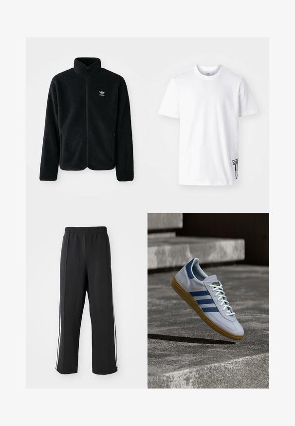 Chupa de forro polar negro con cuello alto, cierre frontal y bolsillos delanteros. Presenta tela texturizada y un pequeño logo blanco en el lado izquierdo del pecho.; Camiseta de algodón blanca de manga corta, con cuello redondo y un parche del logo de Adidas en negro en la parte inferior izquierda. Textura suave.; Pantalones de chándal negros con cintura elástica, con franjas laterales blancas y un corte relajado. Hechos de una tela suave y elástica.; Zapatilla Adidas Spezial azul claro con rayas azul marino y suela de goma, mostrada en el aire sobre escalones de hormigón en un entorno exterior neutral.