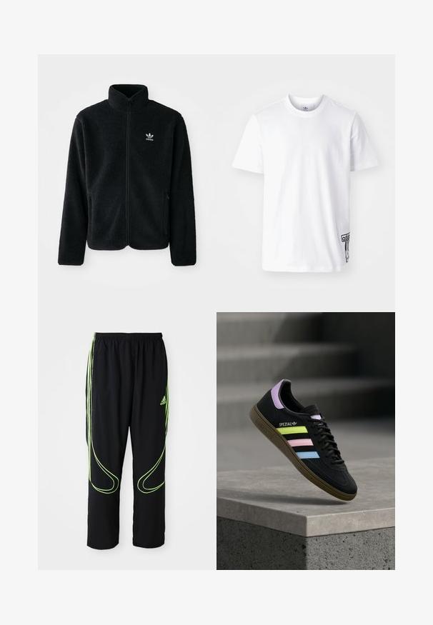 Zwarte fleece jacket met hoge kraag, ritssluiting aan de voorkant en voorzakken. Kenmerkt zich door textuurstof en een klein wit logo op de linkerborst.; Witte katoenen t-shirt met korte mouwen, ronde halslijn, en een zwart Adidas-logo label op de linker onderkant. Luxe textuur.; Zwarte Adidas sportbroek met neon groene gebogen lijnen en drie strepen aan de zijkanten, elastische tailleband en het Adidas-logo op de voorkant van de bovenbenen.; Zwarte Adidas Spezial sneaker met pastelgele, roze en blauwe strepen, lavendelkleurig hielhaakje en bruine zool, zwevend boven een betonnen richel.