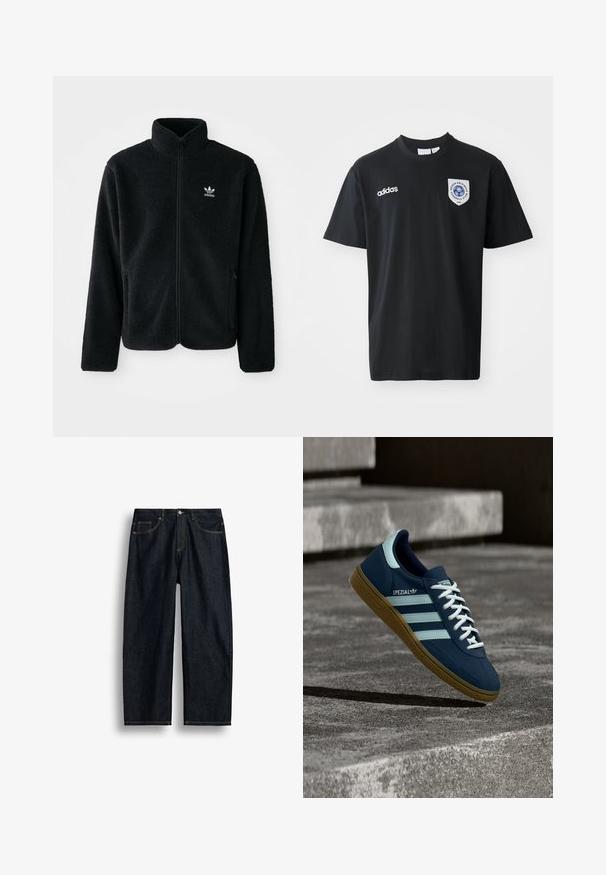 Black fleece jacket with high collar, zip front, and front pockets. Features textured fabric and small white logo on left chest.; Black short-sleeve t-shirt made of cotton, featuring a round neck. Includes white Adidas logo and a patch with a blue emblem on the left chest.; Straight-leg dark blue denim jeans with yellow stitching, front pockets, and a button closure at the waist.; Blue Adidas Spezial sneaker with white stripes and laces, gum sole, floating above rough concrete surface and steps in background.