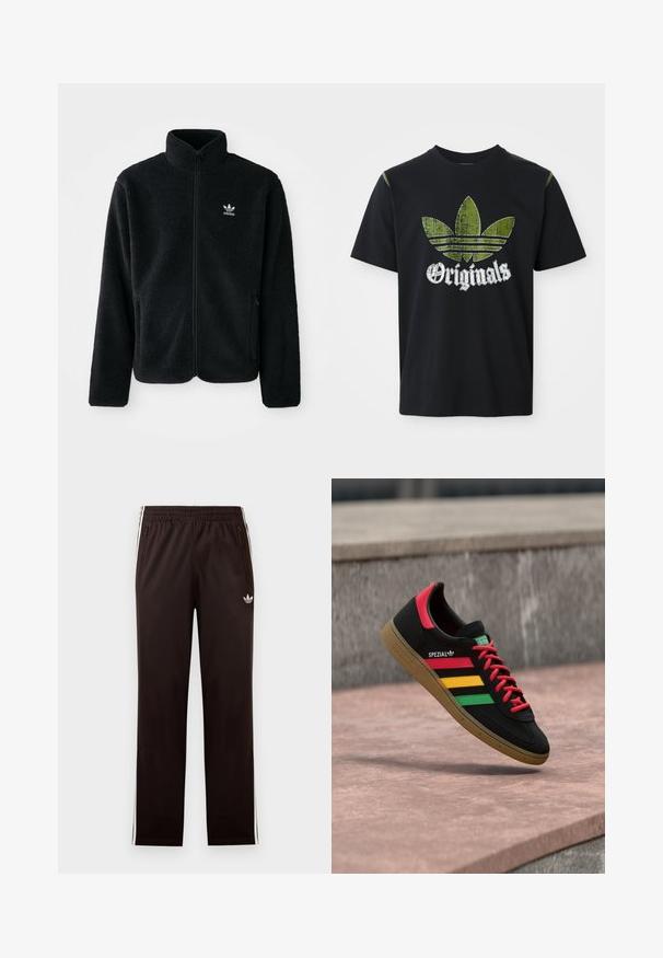 Schwarze Fleecejacke mit hohem Kragen, durchgehendem Reißverschluss und Fronttaschen. Verfügt über strukturiertes Material und ein kleines weißes Logo auf der linken Brust.; Schwarzes Baumwoll-T-Shirt mit einem abgenutzten grünen Grafikdesign, das drei Streifen zeigt, sowie dem Wort "Originals" darunter in Weiß. Rundhalsausschnitt, kurze Ärmel.; Schwarze Adidas-Trainingshose mit elastischem Bund, weißen Seitenstreifen, Reißverschlusstaschen und kleinem Trefoil-Logo am linken Oberschenkel.; Schwarzer Adidas Spezial Sneaker mit roten, gelben und grünen Streifen, roten Schnürsenkeln, Gummisohle und rotem Fersen-Detail, schwebend über dem Pflaster gezeigt.