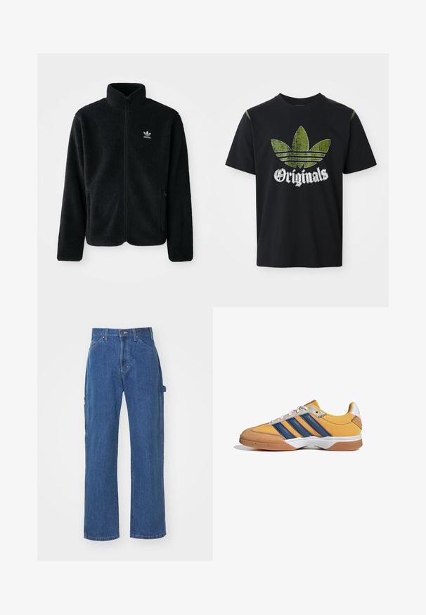 Zwarte fleece jacket met hoge kraag, ritssluiting aan de voorkant en voorzakken. Kenmerkt zich door textuurstof en een klein wit logo op de linkerborst.; Zwarte katoenen t-shirt met een versleten groene grafiek met drie strepen en het woord "Originals" hieronder in het wit, ronde halslijn, korte mouwen.; Blauwe denim jeans in een relaxed fit met een rechte pijp, voorzien van voor- en achterzakken en een knoopsluiting in de taille.; Gele en marineblauwe sneaker met witte veters, bruine zool en blauwe strepen, zijaanzicht op een witte achtergrond.