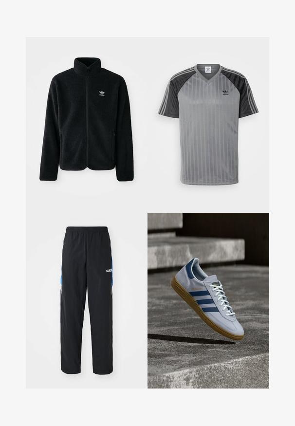 Schwarze Fleecejacke mit hohem Kragen, durchgehendem Reißverschluss und Fronttaschen. Verfügt über strukturiertes Material und ein kleines weißes Logo auf der linken Brust.; adidas Originals T-Shirt print - black/grey; Schwarze Sporthose mit elastischem Bund, ausgestattet mit blauen und weißen grafischen Akzenten an den Seiten und einem gestickten Logo.; Hellblauer Adidas Spezial Sneaker mit dunkelblauen Streifen und Gummisohle, in der Luft über Betontreppen in neutralem Außenbereich gezeigt.