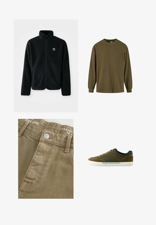 Musta fleece-takki, jossa on korkea kaulus, vetoketjusuljenta ja etutaskut. Käyttää teksturoitua kangasta ja siinä on pieni valkoinen logo vasemmassa rinnassa.; Oliivivihreä pitkähihainen paita, joka on valmistettu tekstuurista kankaasta. Paidassa on ribbireunat hihansuissa ja pyöreä kaula-aukko, sekä huomaamaton logon brodeeraus rinnassa.; Vaaleanruskeat suorat housut, joissa on teksturoitu pinta, varustettu etupainikkeella ja vyötäröllä ompeluyksityiskohtia.; Matalavartinen tennari oliivinvihreänä, ruskeilla mokkanahkaosilla, valkoisella kuminauhalla ja nauhoituksella valkoisella taustalla.