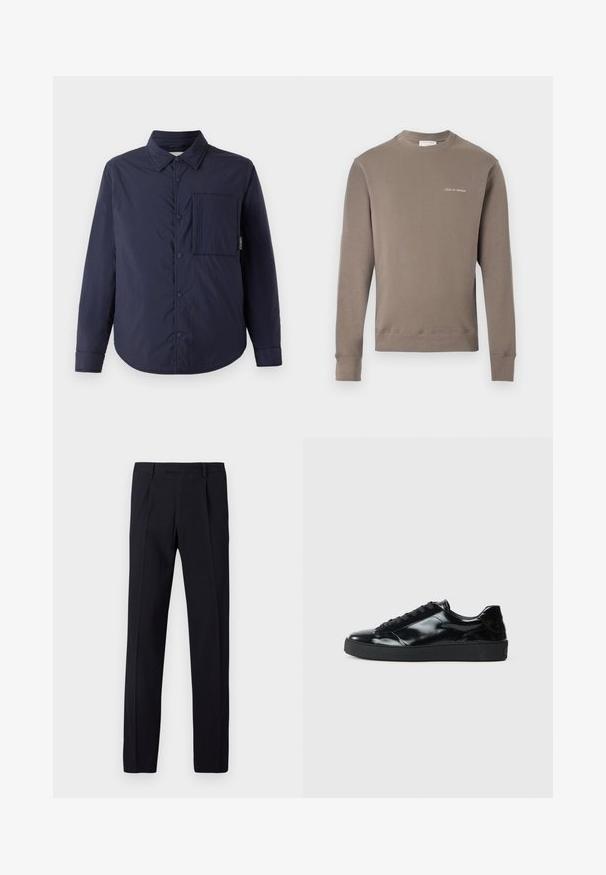 CLOSED QUILTED OVERSHIRT - Chaqueta de entretiempo - dark night; Sudadera de manga larga en color topo con puños y dobladillo acanalados, que presenta un pequeño logo blanco "Tiger of Sweden" en el lado izquierdo del pecho.; Pantalones negros con acabado texturizado, con corte recto, presillas para cinturón y pliegues marcados en la parte delantera. Sin bolsillos visibles.; Zapatillas de charol negro con punta redonda, diseño con cordones, suela de goma texturizada y acabado suave.