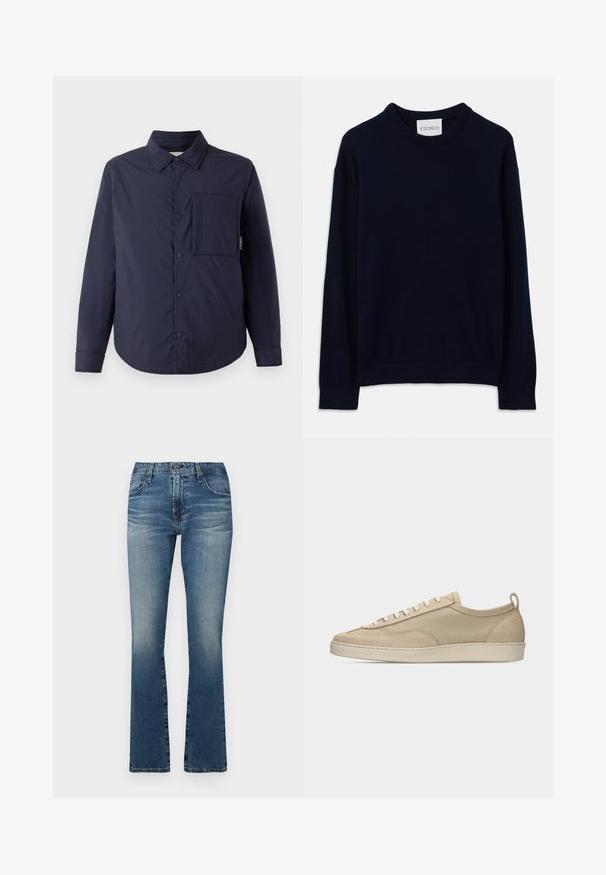 CLOSED QUILTED OVERSHIRT - Übergangsjacke - dark night; Marineblaues Langarm-Crewneck-Sweatshirt mit gerippten Bündchen und Saum, versehen mit einem kleinen weißen Etikett mit "CLOSED" am Kragen.; Denim-Jeans mit weitem Bein in mittlerem Blau und verblasstem Finish, mit klassischem Fünf-Taschen-Design und Metallbeschlägen.; Beiger Sneaker mit niedriger Schafthöhe, Obermaterial aus Stoff und Wildleder, weißen Schnürsenkeln, Gummisohle und Fersenlasche, seitlich auf weißem Hintergrund dargestellt.