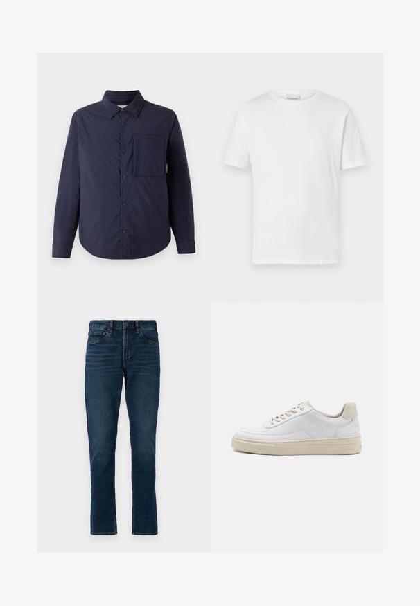 CLOSED QUILTED OVERSHIRT - Veste mi-saison - dark night; T-shirt blanc à manches courtes en coton. Présente un col rond et un ourlet droit. Sans motifs ni embellissements. Design simple.; Jean en denim bleu foncé, coupe droite, cinq poches, passants de ceinture et détails de décoloration subtils. Coutures cousues et fermeture à boutons.; Sneaker blanche avec un dessus en cuir lisse, des lacets beige et un onglet de talon en daim beige texturé. Semelle surélevée pour une hauteur supplémentaire.