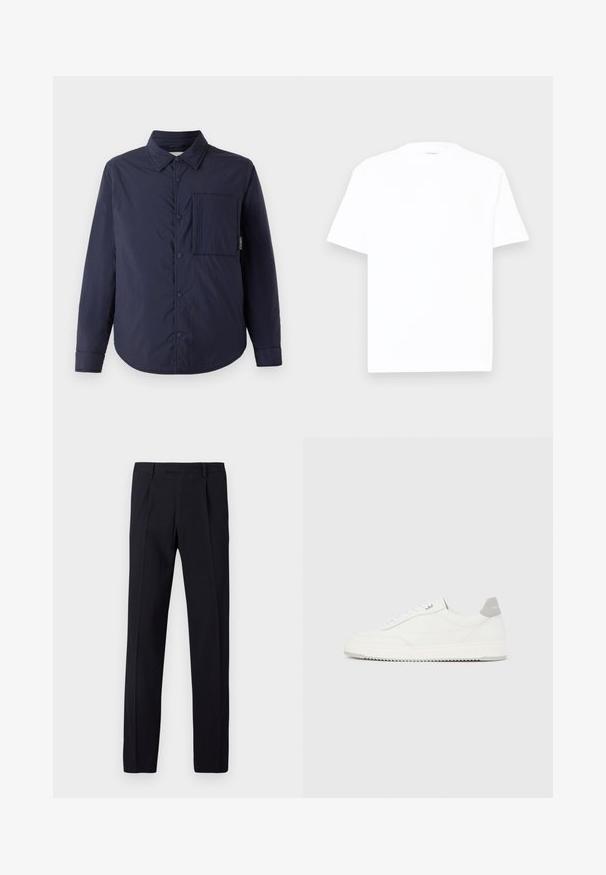 CLOSED QUILTED OVERSHIRT - Overgangsjakke - dark night; Hvid bomulds T-shirt med rund hals, korte ærmer og en afslappet pasform. Glat tekstur, minimal dekoration og ingen mønstre eller grafik.; Sorte bukser med en tekstureret overflade, der har et lige snit, bæltestropper og pressede folder foran. Ingen synlige lommer.; Hvid lavtop-sneaker med gråt hælflig, hvide snørebånd og tekstureret sål, vist på en ensfarvet lys baggrund.