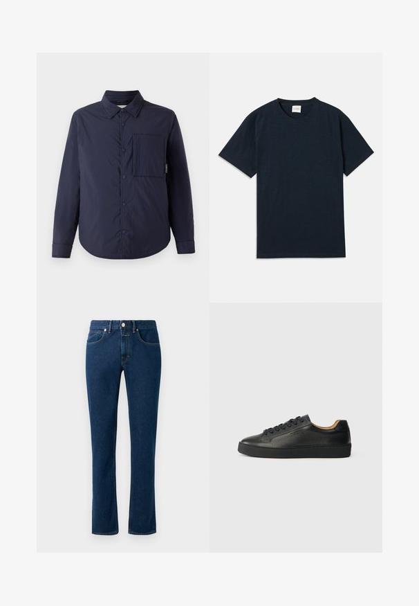 CLOSED QUILTED OVERSHIRT - Overgangsjakke - dark night; Ensfarvet mørkeblå kortærmet t-shirt med rund hals og lille præget logo nær den nederste kant.; Mørkeblå denimjeans med et slankt lige ben design, klassisk fem-lomme stil og en knaplukning i taljen.; Sorte lavtop lædersneakers med tekstureret overflade, sorte snørebånd og tyk gummisål, vist fra siden på en lys baggrund.