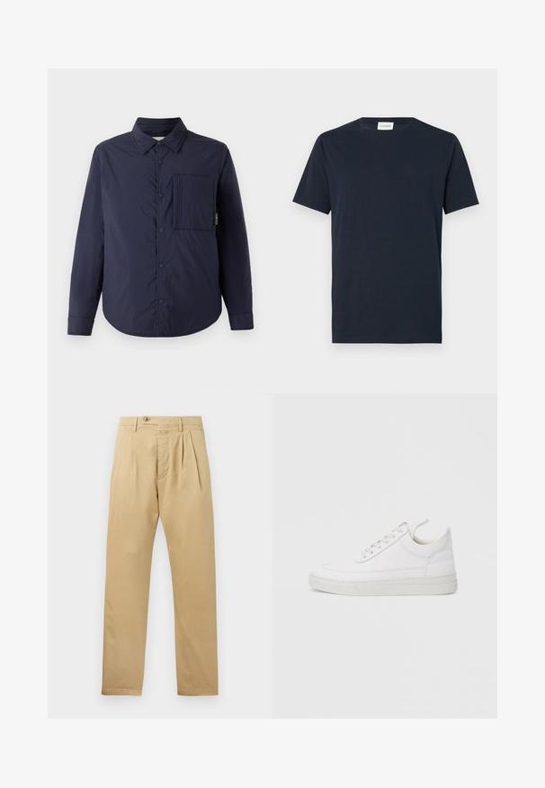 CLOSED QUILTED OVERSHIRT - Veste mi-saison - dark night; T-shirt à manches courtes bleu marine en coton doux. Il présente un col rond et un design simple et épuré sans motifs ni accents.; CLOSED BERGEN TAPERED - Chino - beige; Baskets en cuir blanc avec un embout arrondi, une semelle plate et un laçage à l'avant. Présentent des détails de couture et un col rembourré pour plus de confort.