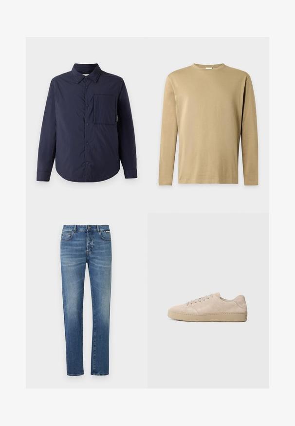 CLOSED QUILTED OVERSHIRT - Übergangsjacke - dark night; Beiges Langarmshirt mit Rundhalsausschnitt und einfachem, einfarbigem Design auf hellem grauem Hintergrund.; Blaue Jeans aus Denim mit geradem Schnitt, ausgestattet mit fünf Taschen, verblasstem Muster und Metallknopfverschluss an der Taille.; Beige Wildlederschuh mit einer runden Zehenform, flachen Schnürsenkeln und einer strukturierten Gummisohle. Minimalistisches Design mit glatten Kanten und dezenten Nähten.