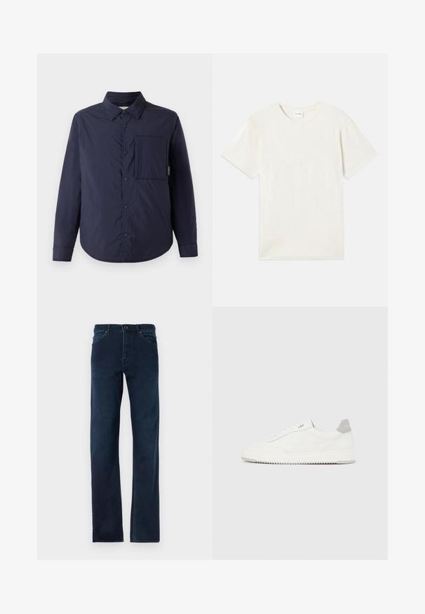CLOSED QUILTED OVERSHIRT - Jas - dark night; Korte mouwen, ronde hals t-shirt in licht beige, zachte katoenen textuur met een relaxte pasvorm en zonder zichtbare patronen of accenten.; Donkerblauwe denim jeans met rechte pijpen, vijf zakken, een knoopsluiting en contrasterende stiksels langs de naden.; Witte lage sneaker met grijze hielpatch, witte veters en een gestructureerde zool, gepresenteerd op een effen lichte achtergrond.