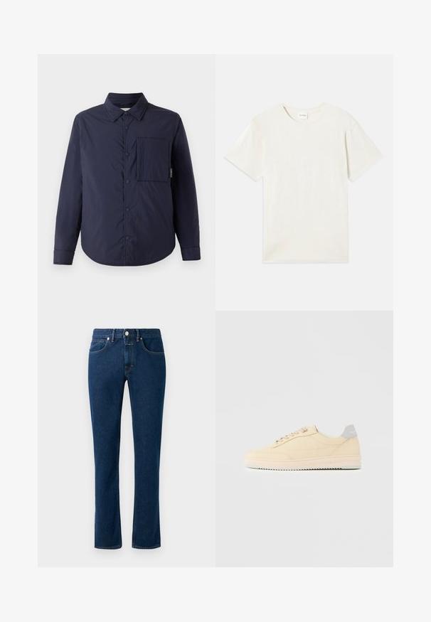 CLOSED QUILTED OVERSHIRT - Jas - dark night; Korte mouwen, ronde hals t-shirt in licht beige, zachte katoenen textuur met een relaxte pasvorm en zonder zichtbare patronen of accenten.; Donkerblauwe denim jeans met een slim recht model, klassieke vijf-pocket stijl en een knoopsluiting bij de taille.; Beige lage sneaker met veters aan de voorkant, lichtroze zool en een grijze hieltab met het merk "Filling Pieces", zijaanzicht op een effen achtergrond.