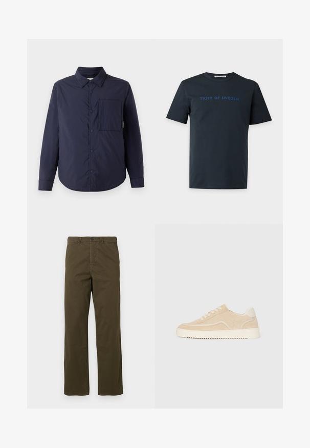 CLOSED QUILTED OVERSHIRT - Veste mi-saison - dark night; T-shirt noir à manches courtes et col rond avec "TIGER OF SWEDEN" imprimé en bleu sur la poitrine.; Pantalons en coton marron pour hommes, coupe droite, avec passants de ceinture, bouton frontal et fermeture éclair sur fond clair.; Baskets en daim beige avec semelle et lacets blancs, design basse, et motif de semelle en zigzag.