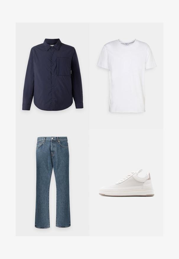 CLOSED QUILTED OVERSHIRT - Jas - dark night; Witte t-shirt met korte mouwen, gemaakt van katoen. Heeft een ronde halslijn en een comfortabele pasvorm zonder zichtbare patronen of accessoires.; Blauwe spijkerbroeken met een rechte pijp, uitgerust met een klassieke knoop- en rits sluiting, vijf zakken en subtiele vervaging.; Witte lage sneaker met een gestructureerd zijpaneel, gewatteerde kraag, vetersluiting aan de voorkant en "Filling Pieces"-branding aan de zoolrand.