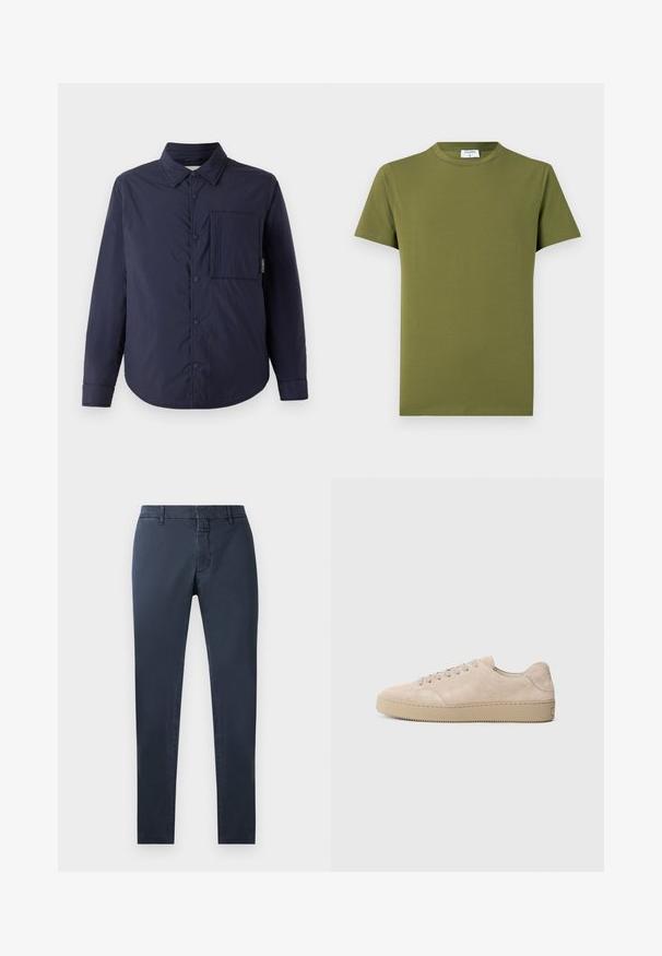 CLOSED QUILTED OVERSHIRT - Chaqueta de entretiempo - dark night; Camiseta de manga corta de color verde oliva, hecha de tela suave y lisa. Cuello redondo clásico, líneas limpias y sin patrones ni detalles visibles.; Pantalones azul marino con un corte ajustado, hechos de una mezcla de algodón. Presentan una cinturilla estándar, cremallera frontal y bolsillos laterales.; Zapatilla de ante beige con punta redondeada, cordones planos y suela de goma texturizada. Diseño minimalista con bordes suaves y costuras sutiles.