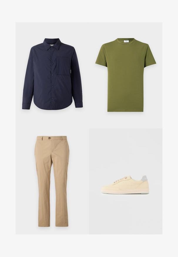 CLOSED QUILTED OVERSHIRT - Veste mi-saison - dark night; T-shirt manches courtes de couleur vert olive, fabriqué en tissu doux et lisse. Col rond classique, lignes épurées, sans motifs ni accents visibles.; Pantalon en coton beige avec une coupe droite, doté d'une fermeture à bouton, de passants de ceinture et d'une texture lisse. Pas de motifs visibles.; Baskets basses beige à lacets, semelle rose clair et languette grise à l'arrière marquée "Filling Pieces", vues de profil sur fond uni.