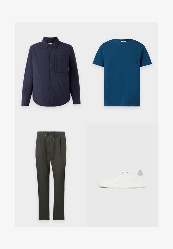 CLOSED QUILTED OVERSHIRT - Veste mi-saison - dark night; T-shirt bleu foncé à col rond en coton doux, avec des manches courtes et une texture simple et lisse, coupe droite.; Pantalons en lin gris foncé avec taille à cordon. Design à jambe droite, tissu léger, peu de détails, et texture lisse.; Baskets basses blanches avec un onglet de talon gris, des lacets blancs et une semelle texturée, présentées sur un fond uni clair.