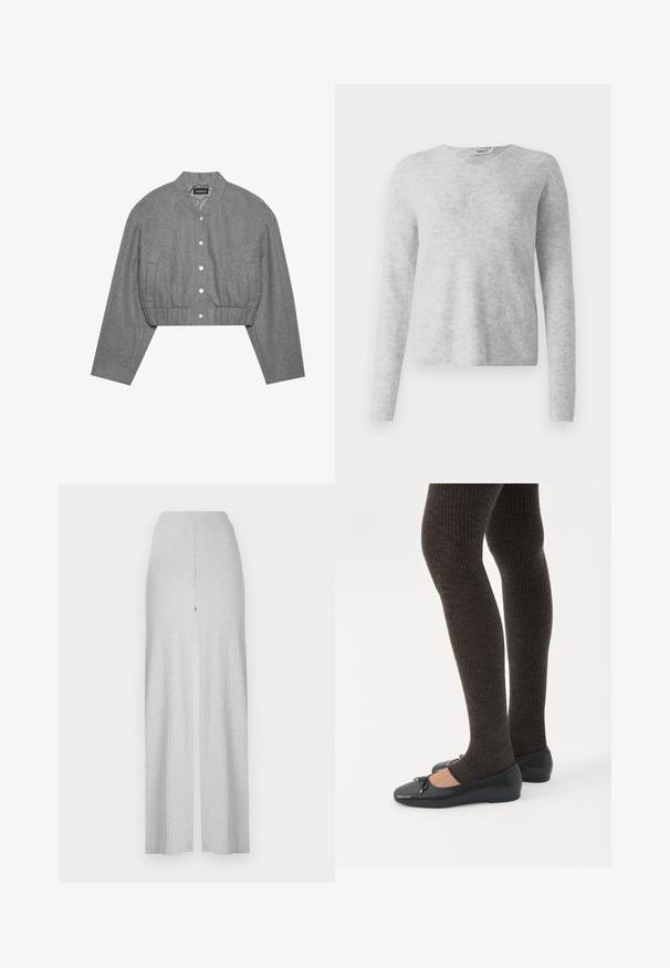 Beskaaret grå jakke med rund krave, trykknaplukning foran og elastisk talje. Har to sidelommer og et tekstureret stof.; Grå strikket sweater med ribbet tekstur, lange ærmer og V-halsdesign. Enkel og minimalistisk fremtoning.; Lysegrå ribbede bukser med bredt ben og høj talje samt en frontsplit. Fremstillet af blødt stof med en glat tekstur.; Ben iført mørke ribbede leggings kombineret med sorte balletsko med små sløjfedetaljer på hvid baggrund.