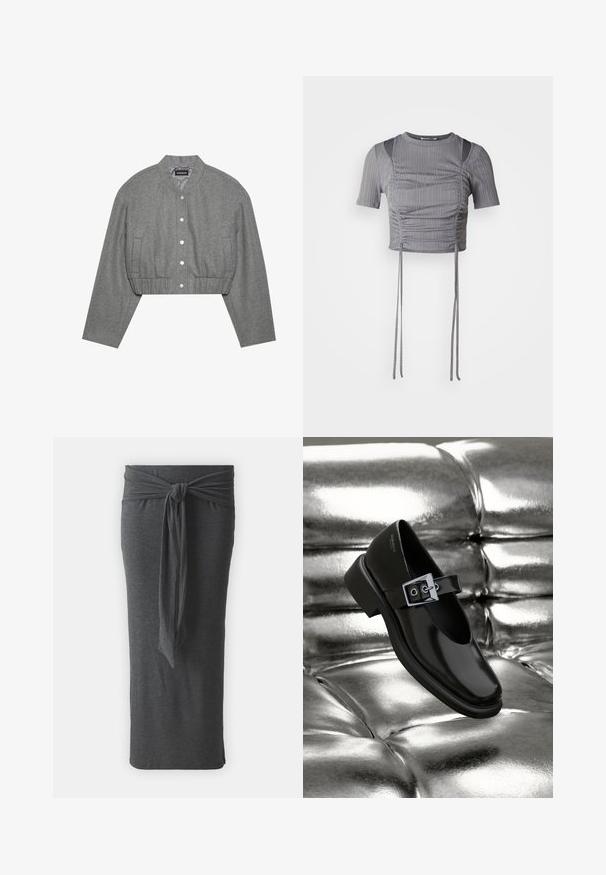 Beskaaret grå jakke med rund krave, trykknaplukning foran og elastisk talje. Har to sidelommer og et tekstureret stof.; Grå cropped top med korte ærmer, prydet med lodret ribbet mønster, sammenkrøllede detaljer og justerbare bånd i kanten for en skræddersyet pasform.; Mørkegrå lang nederdel lavet af blødt, strækbart stof. Har en knyttet talje og et strømlinet, tætsiddende design.; Sorte læder Mary Jane sko med firkantet tå, en sølv spænde accent og en chunky lav hæl, sat mod en glansfuld sølv baggrund.