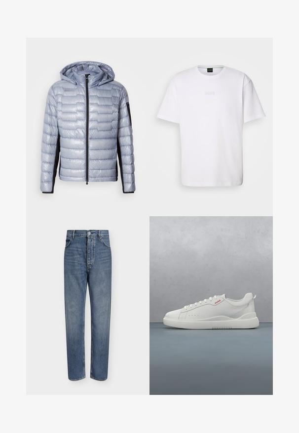 Chaquetón tipo puff en color azul claro con paneles laterales negros, cremallera frontal, capucha fija y bolsillo con cremallera en la manga izquierda.; Camiseta de algodón blanca de manga corta, con escote redondo y logotipo grabado de "BOSS" en el pecho. Textura suave, ajuste estándar.; Vaqueros de mezclilla azul de corte recto con cintura alta, cierre frontal de botones y diseño de cinco bolsillos sobre un fondo claro y liso.; Zapatilla blanca con un acabado de cuero liso, punta redonda, cuatro ojales, perforaciones sutiles y un detalle de logo rojo en el lateral.