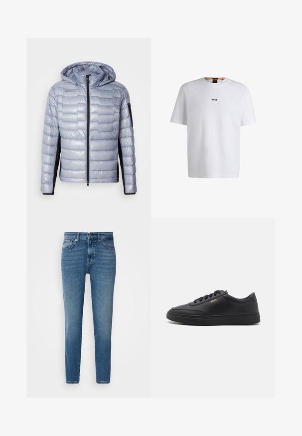 Helle blaue Daunenjacke mit schwarzen Seitenpanelen, Frontreißverschluss, angenhmeter Kapuze und Reißverschluss-Tasche am linken Ärmel.; Weißes Baumwoll-T-Shirt mit kurzen Ärmeln, ausgestattet mit einem schwarzen "BOSS"-Logo, das mittig auf der Brust platziert ist, und einem runden Halsausschnitt.; Helle blaue Denim-Jeans mit geradem Schnitt, traditionellem Fünf-Taschen-Design, Metallknopfverschluss und dezentem Verblassen an der Vorderseite.; Schwarze Leder-Sneaker mit glatter Textur, runder Zehenpartie, flacher Gummisohle und einfarbigen Schnürsenkeln. Mit goldfarbenem "BOSS" Logo an der Seite.