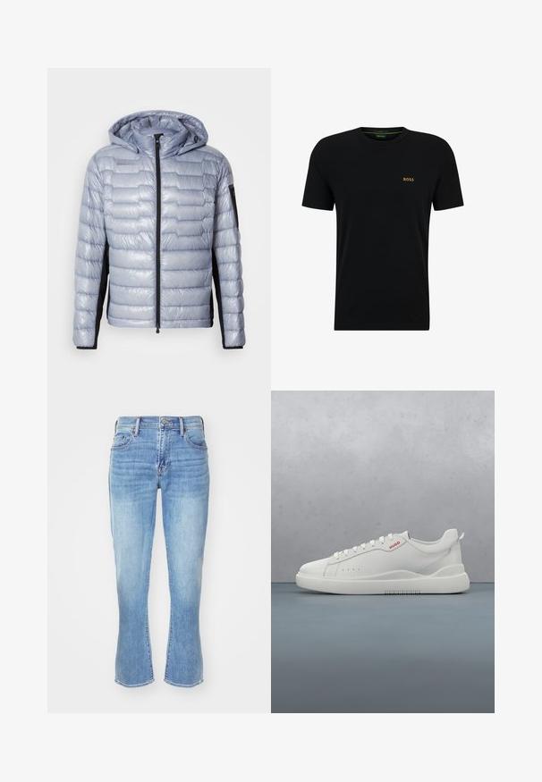 Helle blaue Daunenjacke mit schwarzen Seitenpanelen, Frontreißverschluss, angenhmeter Kapuze und Reißverschluss-Tasche am linken Ärmel.; Schwarzes Baumwoll-T-Shirt mit Rundhalsausschnitt, kurzen Ärmeln und einem kleinen goldenen Logo auf der linken Brust. Glatte Textur und einfaches Design.; Hellblaues Denim-Jeans mit geradem Schnitt, ausgestellten Beinöffnungen, Fünf-Taschen-Design und subtiler Abnutzung an den Knien und Oberschenkeln.; Weiße Sneaker aus glattem Leder, runde Spitze, vier Ösen, dezente Perforationen und ein rotes Logodetail an der Seite.