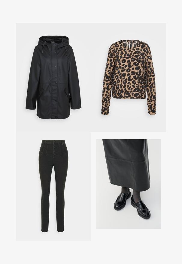Manteau de pluie noir imperméable à capuche avec fermeture à boutons-pression, capuche ajustable à cordon de serrage et poches à rabat sur les côtés avant.; Vero Moda Tall VMIRIS ROUCHING - Blouse - beige; Vero Moda Tall VMSOPHIA BUTTON - Jeans Skinny - black denim; Mocassins en cuir noir avec une finition lisse, ornés d'une bande décorative, à bout rond et avec une semelle texturée. Portés avec une longue jupe en cuir noir.