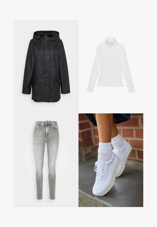 Manteau de pluie noir imperméable à capuche avec fermeture à boutons-pression, capuche ajustable à cordon de serrage et poches à rabat sur les côtés avant.; Haut à col roulé à manches longues blanc, fabriqué en tissu lisse et extensible. Il présente un col haut et une coupe ajustée, sans motifs ni embellissements visibles.; Jeans skinny en denim gris à taille haute, avec un design classique à cinq poches et des détails subtilement décolorés sur l'ensemble.; Baskets en toile blanches avec semelles en caoutchouc, dotées de six œillets, d'un bout rond et de détails de couture légers, portées avec des chaussettes blanches mi-mollet.