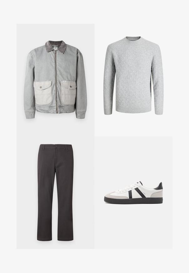 Veste en denim gris avec un col en velours côtelé, deux grandes poches avant et une fermeture éclair. Présente un tissu de poche contrastant plus clair.; Pull gris clair en maille avec motif losange, col rond, poignets et ourlet côtelés, manches longues, adapté par temps froid.; Pantalon gris foncé à jambes droites avec fermeture à boutons, passants pour ceinture et coutures frontales discrètes sur fond blanc.; Baskets blanches avec des accents noirs et gris, présentant un embout texturé gris, une semelle en caoutchouc noir et des lacets plats blancs. Design épuré, style minimaliste.