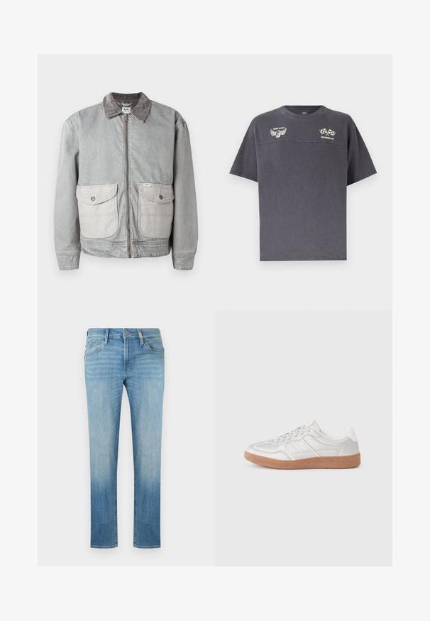 Veste en denim gris avec un col en velours côtelé, deux grandes poches avant et une fermeture éclair. Présente un tissu de poche contrastant plus clair.; T-shirt gris foncé à manches courtes avec col rond, présentant des logos de pneu ailé et de drapeaux à damier croisés avec le texte "COMIN' IN HOT" et "LEVI STRAUSS & CO.".; Jean droit bleu clair avec bouton frontal, fermeture éclair, passants de ceinture, et petit logo sur la poche avant droite.; Baskets argentées avec une texture lisse, un design à lacets, des accents perforés et une semelle en caoutchouc marron texturé.