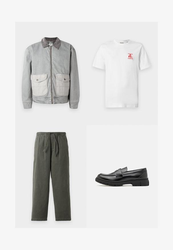 Veste en denim gris avec un col en velours côtelé, deux grandes poches avant et une fermeture éclair. Présente un tissu de poche contrastant plus clair.; T-shirt en coton blanc avec une impression graphique rouge sur la poitrine gauche, représentant un boxeur avec le texte "CHAMPION DE SHANGHAI". Manches courtes.; Pantalons vert olive foncé avec ceinture à cordon en tissu léger. Coupe ample avec jambes droites et sans poches ni embellissements visibles.; Mocassin en cuir noir avec une large sangle sur le devant, semelle en caoutchouc à épaisse rainure, et texture lisse. Design classique et élégant.