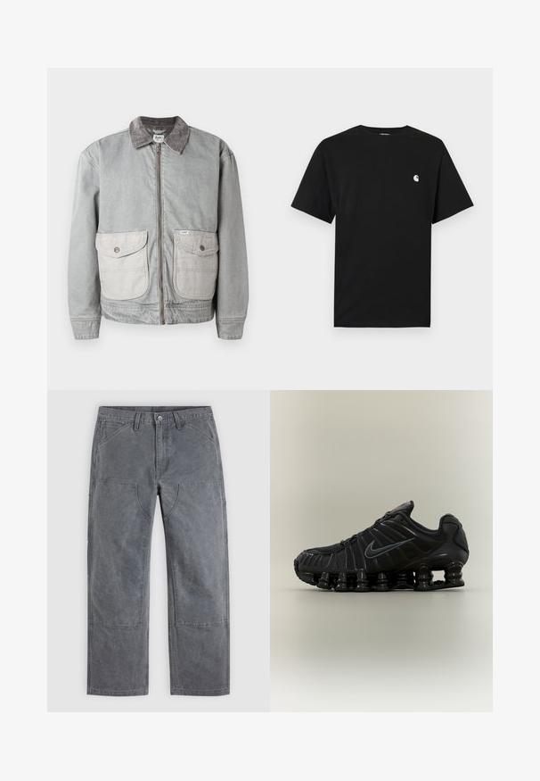 Veste en denim gris avec un col en velours côtelé, deux grandes poches avant et une fermeture éclair. Présente un tissu de poche contrastant plus clair.; T-shirt noir à manches courtes avec col rond, petit logo blanc et noir sur la poitrine gauche, sur fond clair uni.; Pantalon gris à jambes droites avec renforts aux genoux, poches avant et passants de ceinture, présenté à plat sur un fond uni.; Chaussure de course noire Nike avec semelle segmentée semblable à un ressort, dessus en mesh et logo Swoosh noir assorti sur le côté.
