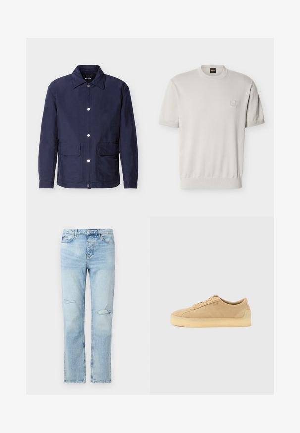 Veste pour homme bleu marine avec fermeture à boutons, deux grandes poches avant, et un col pointu, présentée sur un fond blanc.; Pull beige à manches courtes avec col rond, ourlet et poignets côtelés, petit détail carré sur la poitrine gauche, et étiquette de marque au niveau du cou.; Jean en denim bleu clair avec une coupe droite, fermeture par boutons, poches avant, et petites déchirures usées sur les deux cuisses.; Baskets basses en daim beige avec semelle épaisse en gomme, fermeture à lacets à l'avant, et logo discret sur le côté, sur un fond uni gris clair.