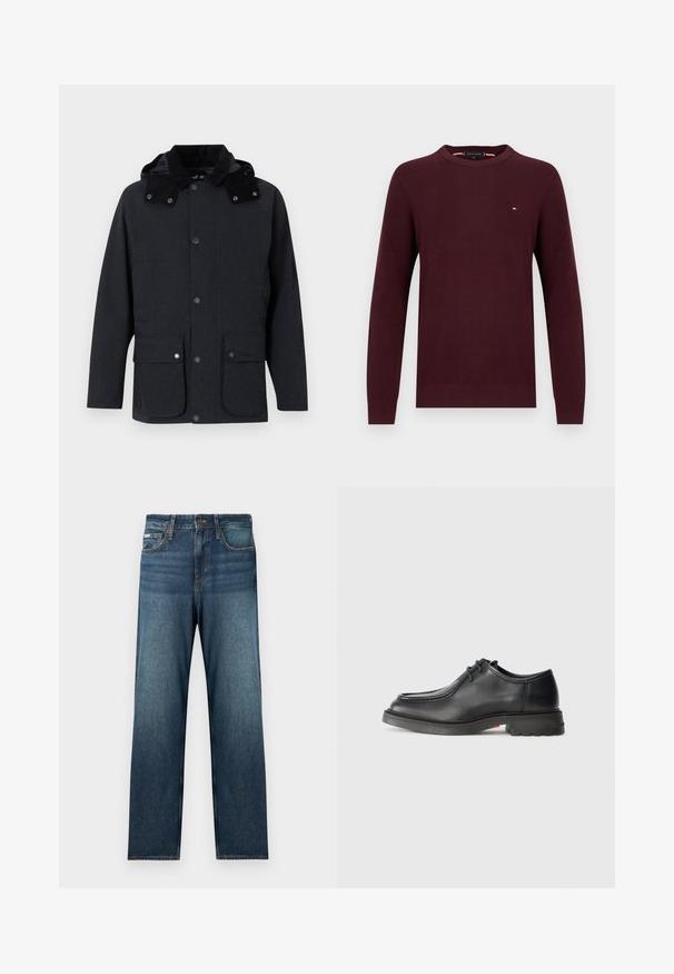 Veste grise foncée pour homme avec capuche, fermeture à boutons sur le devant, deux grandes poches à rabat avec boutons-pression, et manches longues.; Pull-over bordeaux avec col rond, manches longues, motif tricoté texturé et petit logo sur la poitrine.; Jean bleu foncé avec une coupe droite, un design à cinq poches et un léger effet délavé. Fabriqué en tissu denim avec des détails de couture classiques.; Chaussure en cuir noir avec une texture lisse, bout arrondi et couture embossée peu profonde. Semelle en caoutchouc épaisse avec un léger talon et un motif antidérapant.