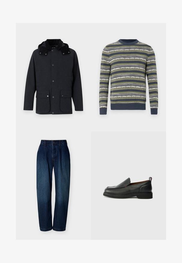 Veste grise foncée pour homme avec capuche, fermeture à boutons sur le devant, deux grandes poches à rabat avec boutons-pression, et manches longues.; Pull en tricot vert, bleu marine et blanc avec des motifs à rayures horizontales et des designs géométriques. Col rond et poignets côtelés.; Jean droit taille haute bleu foncé avec fermeture par bouton et fermeture éclair, passants de ceinture et détails de couture subtils sur fond blanc.; Chaussure slip-on en cuir noire avec un bout rond, un dessus texturé, des coutures rouges contrastantes et un petit talon. Présente une languette en boucle.