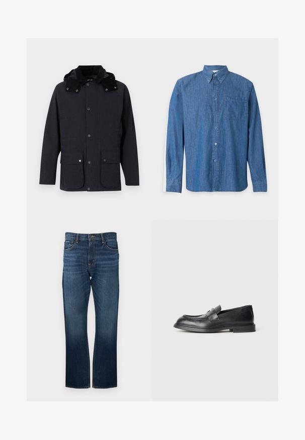Veste grise foncée pour homme avec capuche, fermeture à boutons sur le devant, deux grandes poches à rabat avec boutons-pression, et manches longues.; Chemise en denim bleu à manches longues, boutonnée, avec une poche poitrine avant et un col boutonné sur un fond clair uni.; Jean en denim bleu foncé avec une coupe droite, présentant des coutures visibles et une ceinture standard avec une fermeture à bouton en métal.; Mocassins en cuir noir avec une finition texturée, dotés d'une bride décorative à l'avant et d'un bout arrondi. Semelle en caoutchouc pour plus de durabilité.