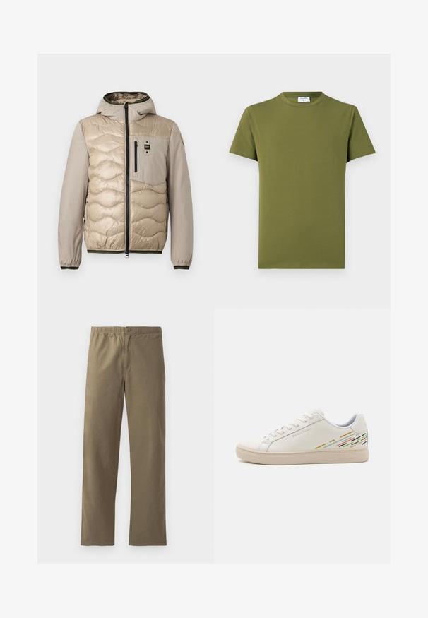Doudoune beige avec un motif matelassé, capuche et fermeture éclair sur le devant. Elle comprend une poche poitrine et des poignets côtelés avec des bordures contrastantes.; T-shirt manches courtes de couleur vert olive, fabriqué en tissu doux et lisse. Col rond classique, lignes épurées, sans motifs ni accents visibles.; Pantalons kaki en tissu léger. Dotés d'une taille élastique, d'une fermeture à boutons, de jambes droites et d'une texture lisse.; Baskets en cuir blanc avec une texture lisse, présentant des motifs de lignes colorées au niveau du talon et une semelle en caoutchouc beige.