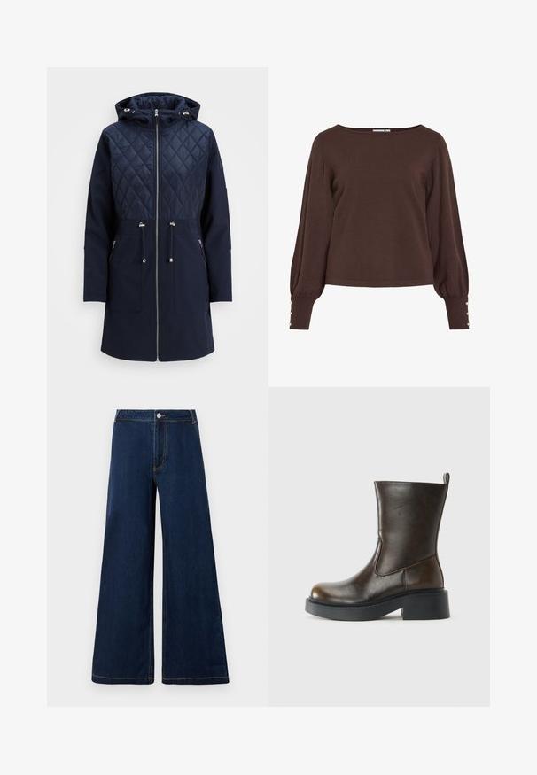 Marineblå polstret jakke med quiltet overdel, hætte, fuld lynlås, snoretræk i taljen og to forlommer. Glat tekstur, moderne design.; Brun strikket sweater med bådudskæring, lange pufærmer og knapdetaljer ved ærmekanterne. Har en afslappet pasform og en glat tekstur.; Bredde denim jeans i mørkeblå med guld sting, der har en frontknap og lynlåslukning samt et klassisk fem-lomme design.; Mørkebrune læderstøvler til midten af læggen med rund tå, tyk sort sål, lav blokhælel og en trækflap bagpå.