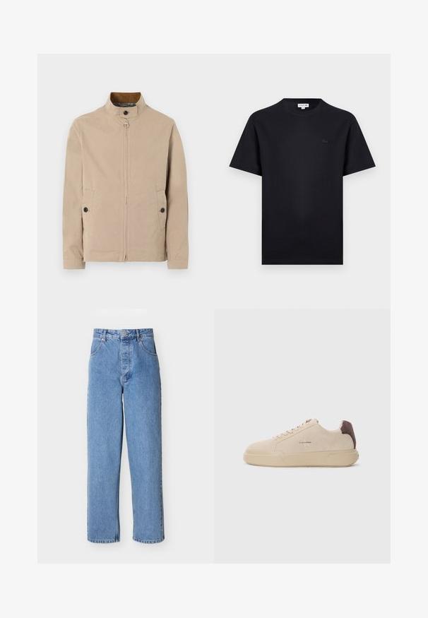 Veste beige pour homme avec col montant, fermeture éclair à l'avant, patte boutonnée au col, poches latérales à boutons, et manches longues.; T-shirt noir à manches courtes avec col rond, orné d'un petit logo crocodile ton sur ton sur le côté gauche de la poitrine.; Jean en denim bleu clair taille haute, coupe droite, avec poches avant, fermeture à boutons et passants pour ceinture sur fond blanc.; Baskets en daim beige avec un bout rond, lacets à l'avant et un accent en daim marron sur le talon. Dotées d'une semelle en caoutchouc texturé.