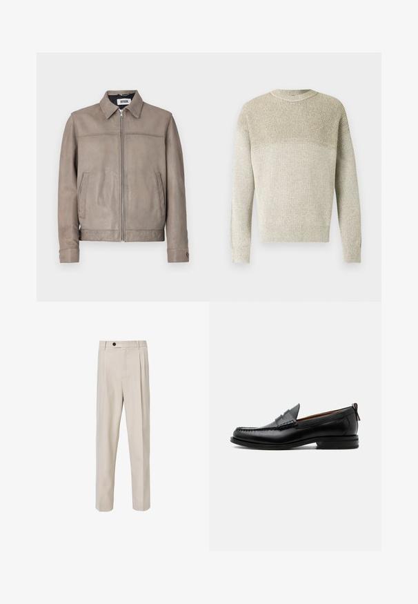 Brun læderjakke med spredt krave, frontlynlås og to sidelommer, med en glat tekstur og minimalistisk design.; Lysebeige strikketrøje med rund hals, der har et tekstureret mønster, ribbede manchetter og kant samt en subtil gradient-effekt.; Beige skræddersyede bukser med lige ben-design, der har frontplisseringer, knaplukning og en glat tekstur.; Sort læder herre loafer med moc-tå syning, penny strop, struktureret krave og lav stablet hæl på hvid baggrund.
