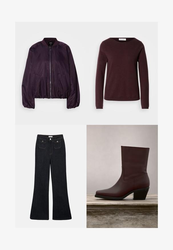 Veste bomber violet avec une texture lisse et brillante. Comprend une fermeture éclair à l'avant, un col côtelé et des poches latérales. Coupe décontractée, poignets froncés.; Pull bordeaux à manches longues avec un col rond, texture douce et design minimal. Présente des poignets côtelés et un ourlet droit.; Jeans en denim foncé évasés avec une taille haute, deux poches avant et des coutures orange. Le matériau semble robuste et lisse.; Bottine en cuir marron foncé avec un talon carré reposant sur une surface en bois en plein air, avec en arrière-plan une herbe verte haute.