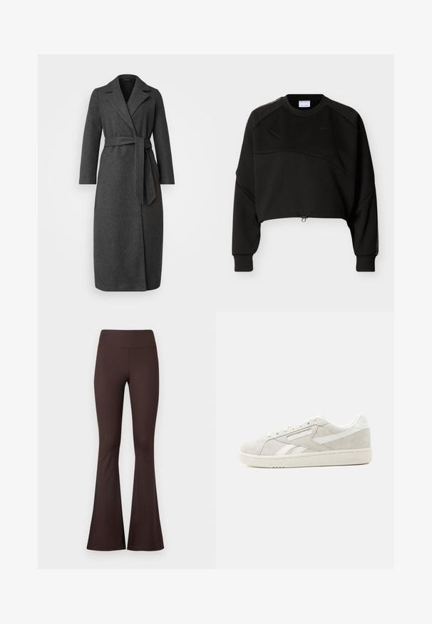 Langer, dunkelgrauer Wollmischmantel mit Kragen, tailliertem Gürtel und seitlichen Schlitzen. Glatte Textur mit minimalen Details an den Taschen.; Schwarzes kurz geschnittenes Sweatshirt mit langen Ärmeln, Rundhalsausschnitt, dezenten diagonalen Nahtdetails und verstellbarem Kordelzug am Saum.; Braune ausgestellte Leggings aus einem dehnbaren, gerippten Stoff mit hohem Bund und einem schlichten Design. Glatte Textur im gesamten Material.; Hellgrauer Veloursleder-Sneaker in niedrigem Schnitt mit weißen Akzenten, Schnürsenkeln und strukturierter Sohle vor hellem, einfarbigem Hintergrund.