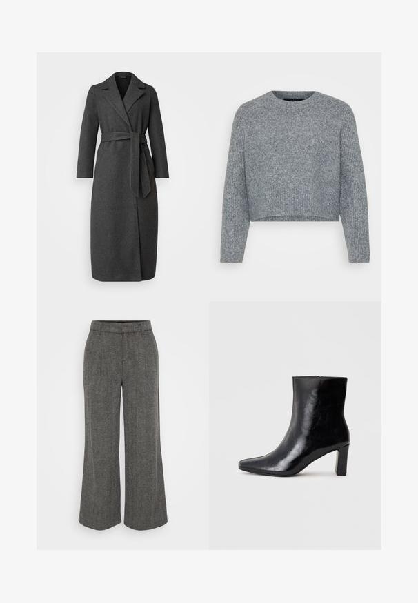 Lang mørk grå uldblandingsfrakke med krave, bæltet talje og sideskår. Glat tekstur med minimal detaljering på lommerne.; Grå, cropped sweater i et struktureret strik, med en rund halsudskæring og lange ærmer. Materialet ser blødt og varmt ud.; Grå hættebukser med bred benvidde og en tætsiddende talje, udstyret med en plisseret front og et blødt, tekstureret stof.; Sorte ankelstøvler lavet af blank læder, med spidse tæer og en mellemstor blokhæl, med en glat tekstur og et enkelt design.