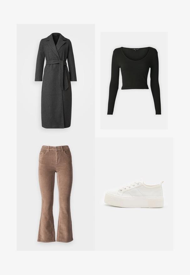 Lang mørk grå uldblandingsfrakke med krave, bæltet talje og sideskår. Glat tekstur med minimal detaljering på lommerne.; Sort langærmet cropped top i ribbet stof med en dyb V-hals. Har tætsiddende ærmer og en glat tekstur.; Brune fløjlsbukser med udvidede ben og ribbet tekstur, der har højt talje, fem lommer og en frontknaplukning.; Hvide kanvas sneakers med en struktureret, kraftig sål, der har flade snørebånd, sidelaner og en hælflap for nemt at tage dem på.